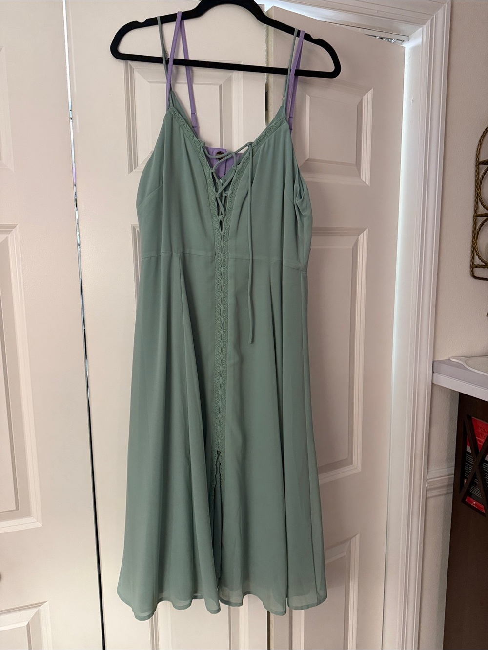 Lulu's Sage Green Midi Slip Dress with Lilac Straps and Lace-Up Front